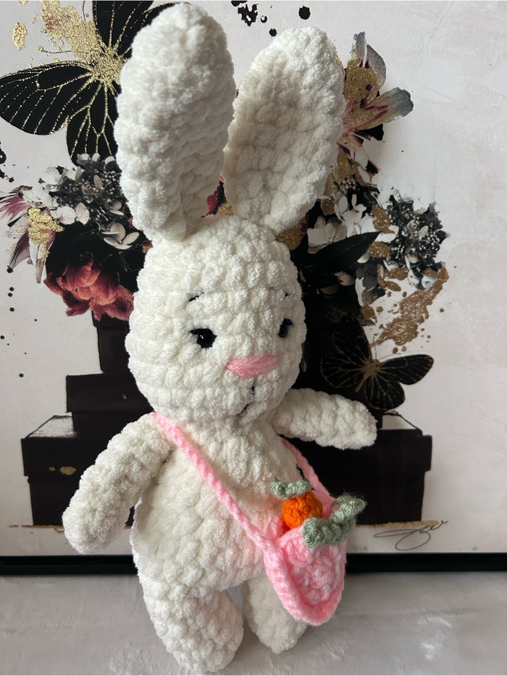 Handmade Plush Bunny with Strawberry Bag and Carrot - Picture 4 of 5
